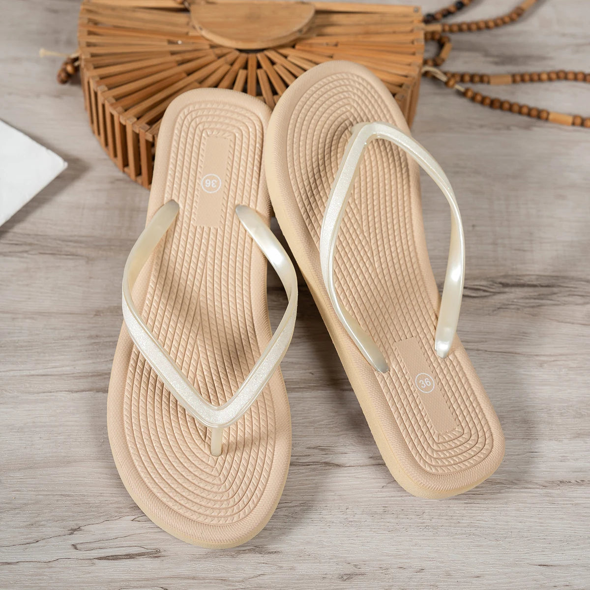 Women's Chevron-Textured Flip-Flops with Glitter Straps – Available in Sleek Black & Neutral Khaki