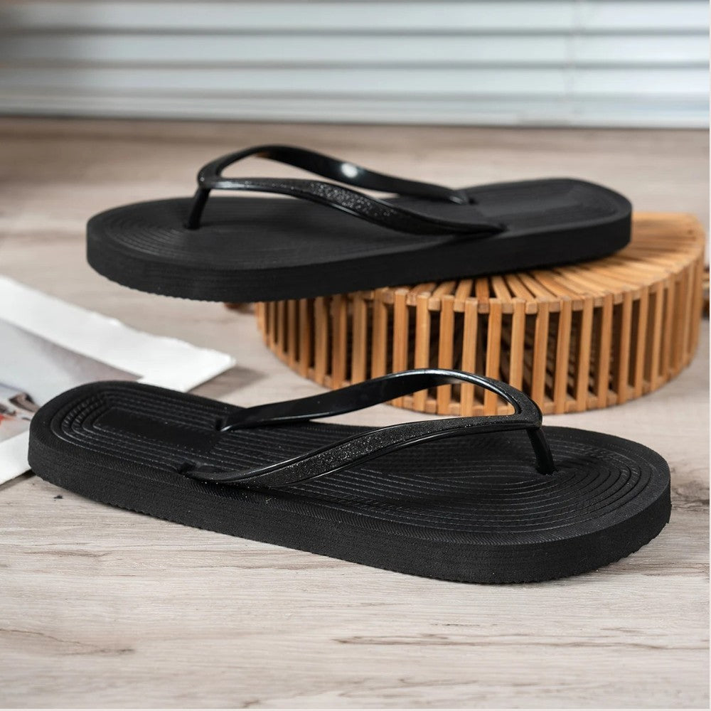 Women's Chevron-Textured Flip-Flops with Glitter Straps – Available in Sleek Black & Neutral Khaki