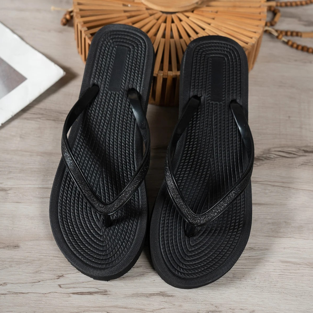 Women's Chevron-Textured Flip-Flops with Glitter Straps – Available in Sleek Black & Neutral Khaki