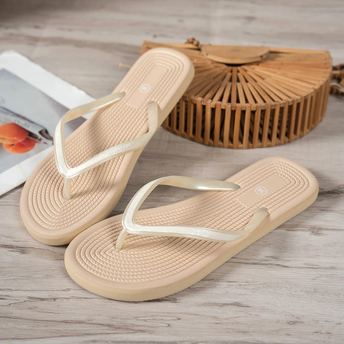 Women's Chevron-Textured Flip-Flops with Glitter Straps – Available in Sleek Black & Neutral Khaki